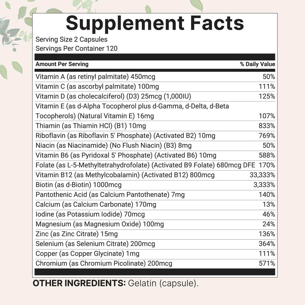 Micro Ingredients Pure Methylated Multivitamin Supplement, 240 Capsules | 19-in-1 Formula with Methylfolate, Methyl B12, Vitamins C, D, Magnesium & Zinc. For Women & Men. Iron Free, Filler Free.