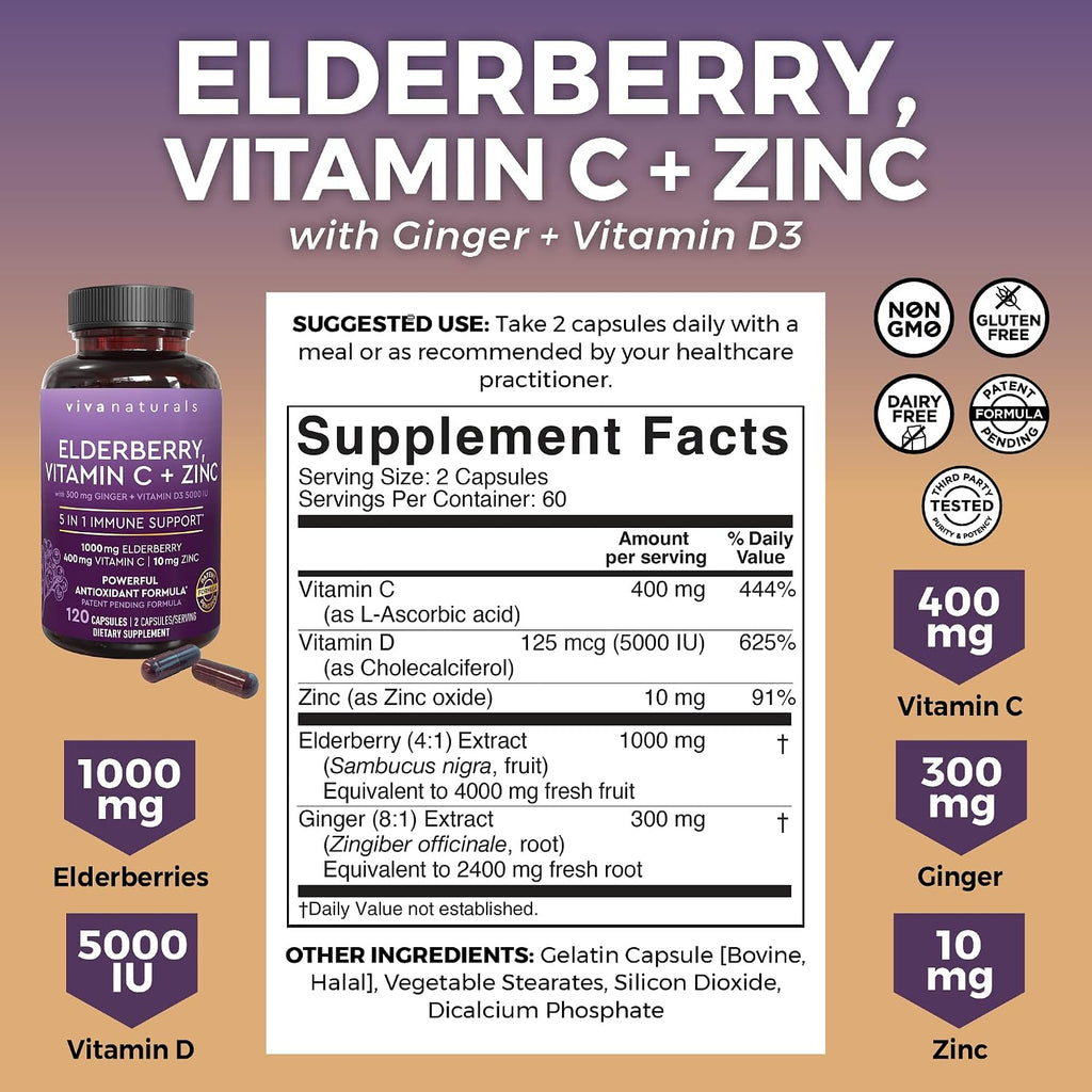Viva Naturals Organic Turmeric Curcumin Supplement with Black Pepper and Ginger and Elderberry, Vitamin C, Zinc and Vitamin D3 5000 IU Bundle for Joint, Immune Support, Heart, Digestive Health