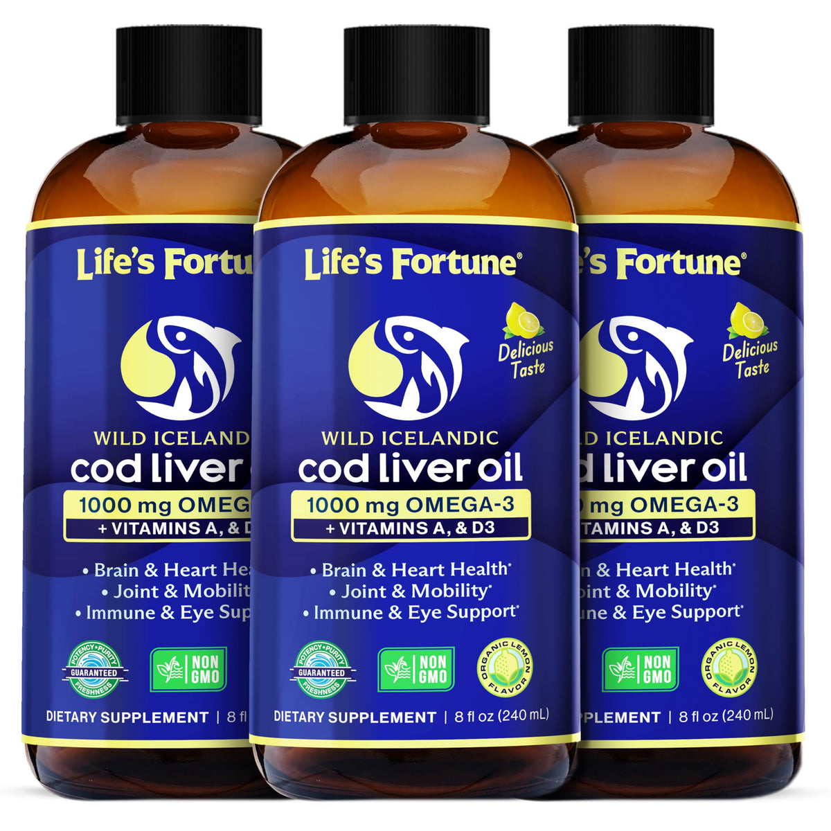 Life's Fortune Cod Liver Oil Liquid Lemon Flavor Organic Supplement with DHA, EPA 1000 mg High Potency Omega-3s + Vitamin A, E & D3 - Supports Immune, Joints, Eyes, 16 Fl Oz (Pack of 1)