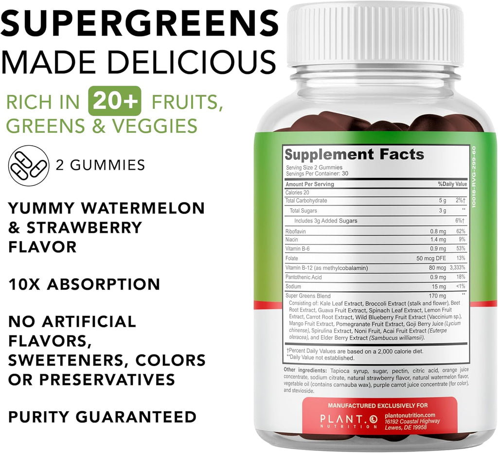 SuperGreens Gummies | Daily Greens Superfood with Fruits, Vegetables & Vitamins to Boost Immunity, Cognitive & Gut Health | Watermelon & Strawberry Flavor | 60 Super Gummies