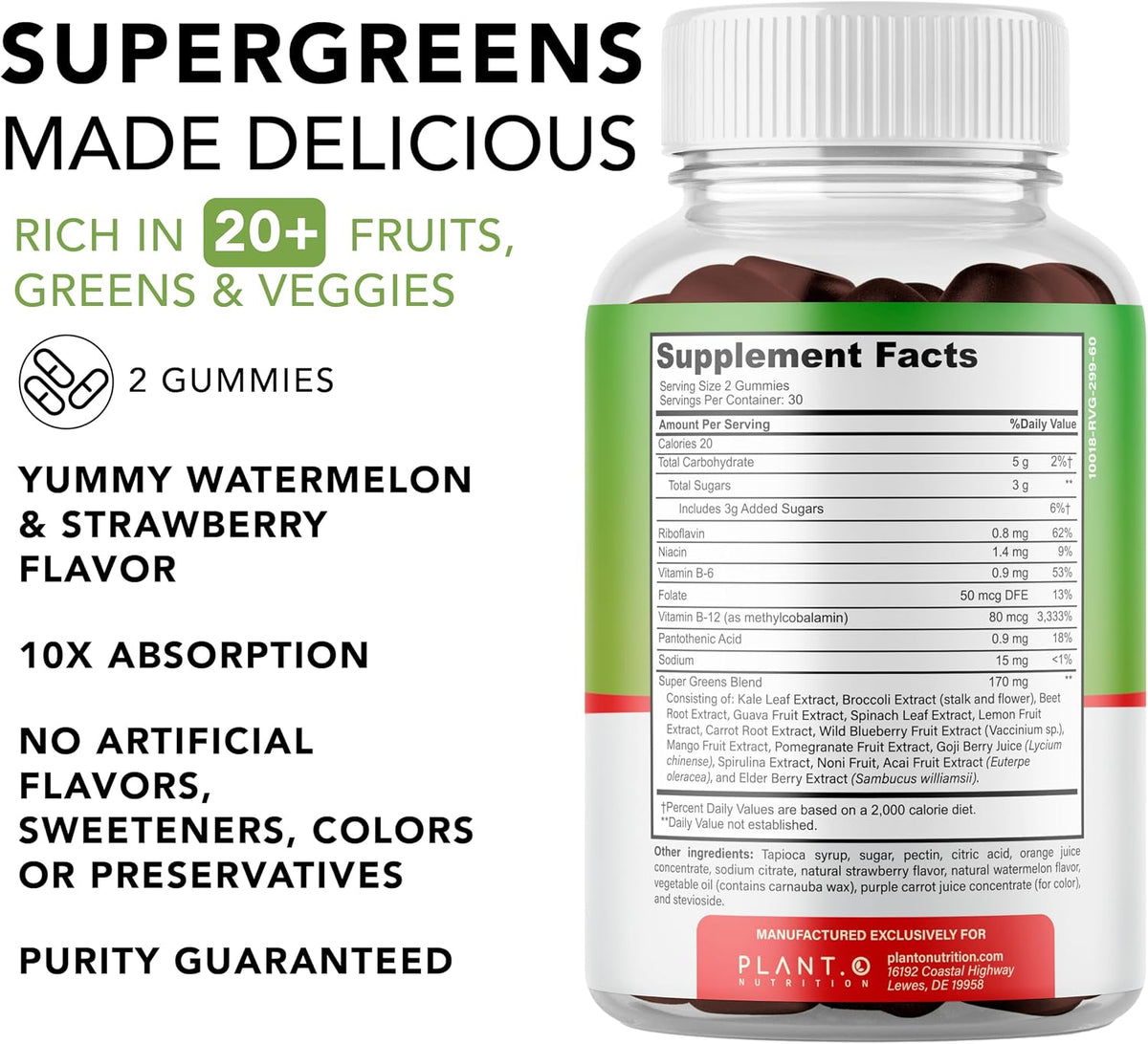 SuperGreens Gummies | Daily Greens Superfood with Fruits, Vegetables & Vitamins to Boost Immunity, Cognitive & Gut Health | Watermelon & Strawberry Flavor | 60 Super Gummies