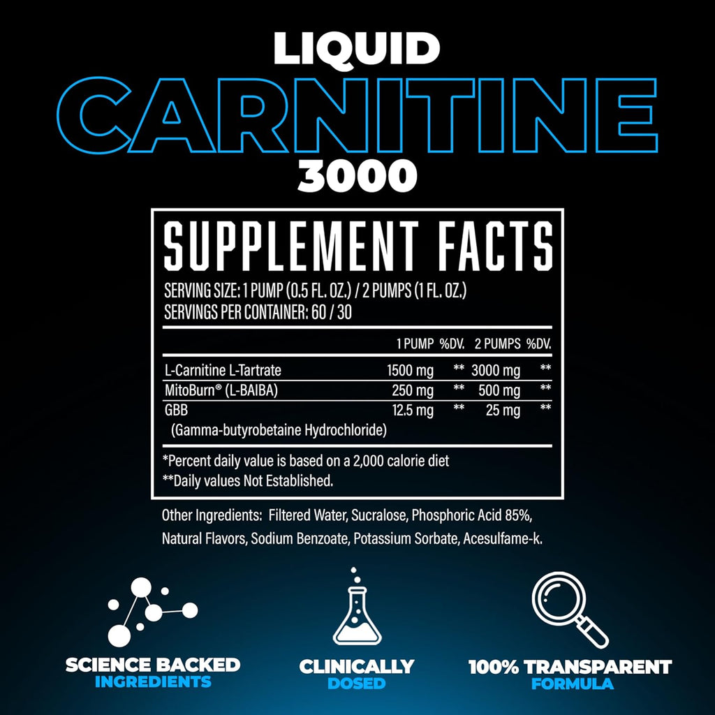 Huge Supplements Liquid L-Carnitine 3000, Superior Potency Infused with 500mg MitoBurn & 25mg GBB, Premium Stim-Free & Energy Boost, Convenient Pump Top, 32 Oz (60 Servings)