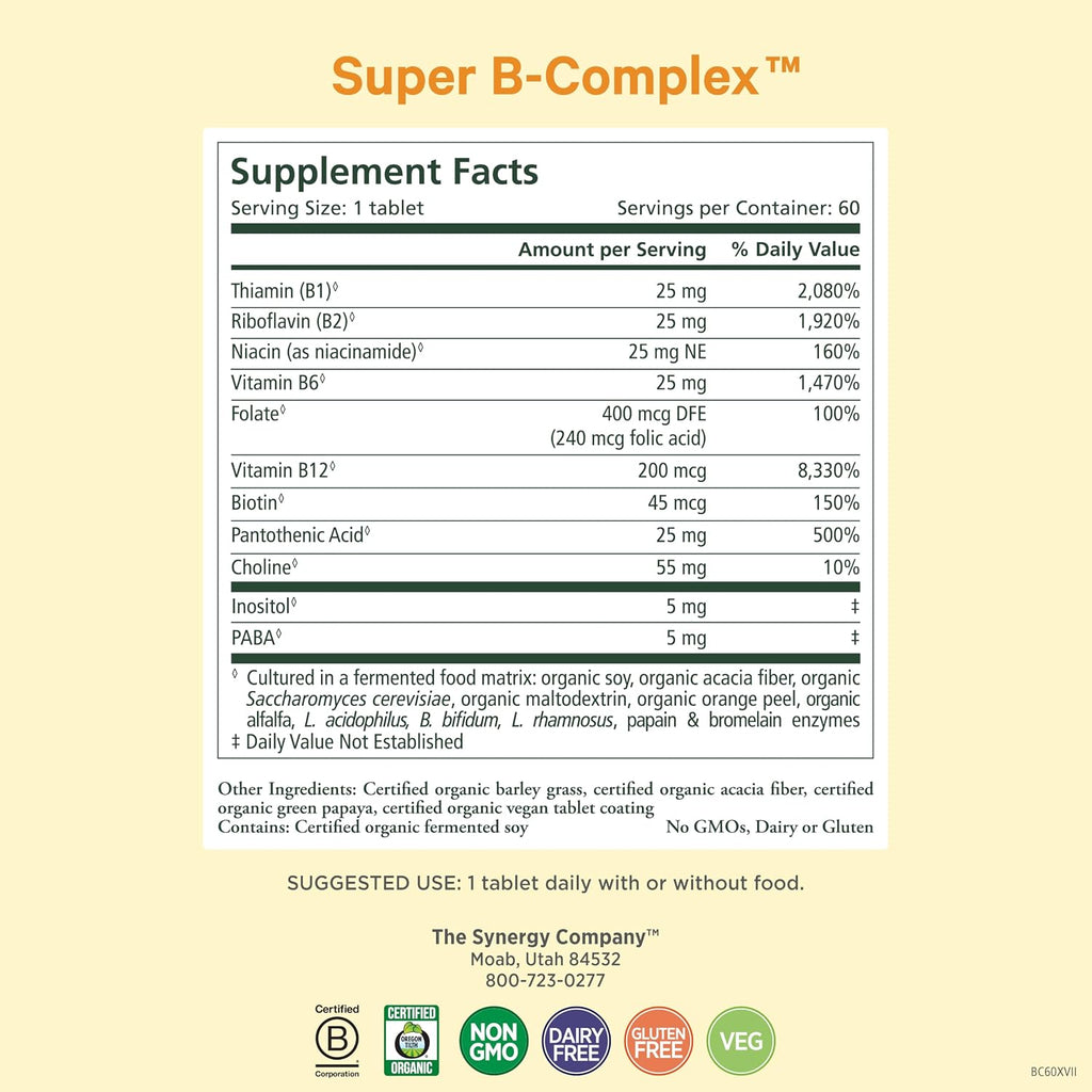 PURE SYNERGY Super B-Complex | Vitamin B Complex Made with Organic Whole Foods | Vegan Supplement with Natural Vitamin B12, Niacin, and Folate | for Energy, Focus and Mood Support (60 Tablets)