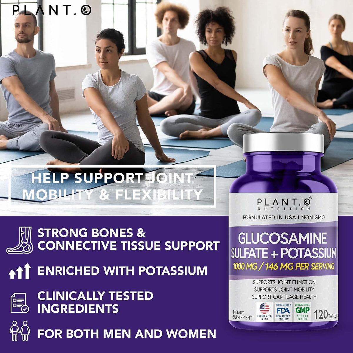 PLANT.O NUTRITION Glucosamine Sulfate with Potassium | Strong Joint Support Supplement | Supports Cartilage and Connective Tissues | Aids Knee and Bone Structure | 120 Tablets