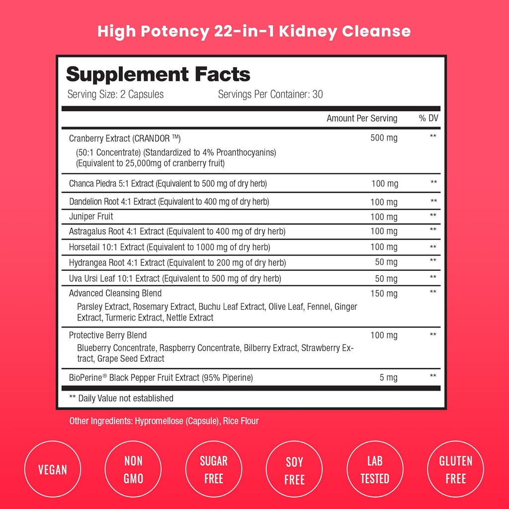 Kidney Cleanse Detox | 22-in-1 Kidney Support Supplement | Cranberry Pills Extract | Extra Strength Repair & Flush Premium Formula | Urinary Tract Health for Women & Men | 60 Vegan Capsules