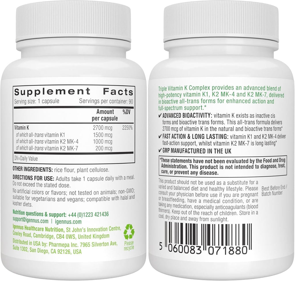 Igennus High Potency Vitamin K Complex, K1 & K2 (MK-4 & MK-7), 90 Capsules | All Trans Bioactive Form for Superior Bone & Cardiovascular Support, 1-a-Day, Clean Label, Vegan