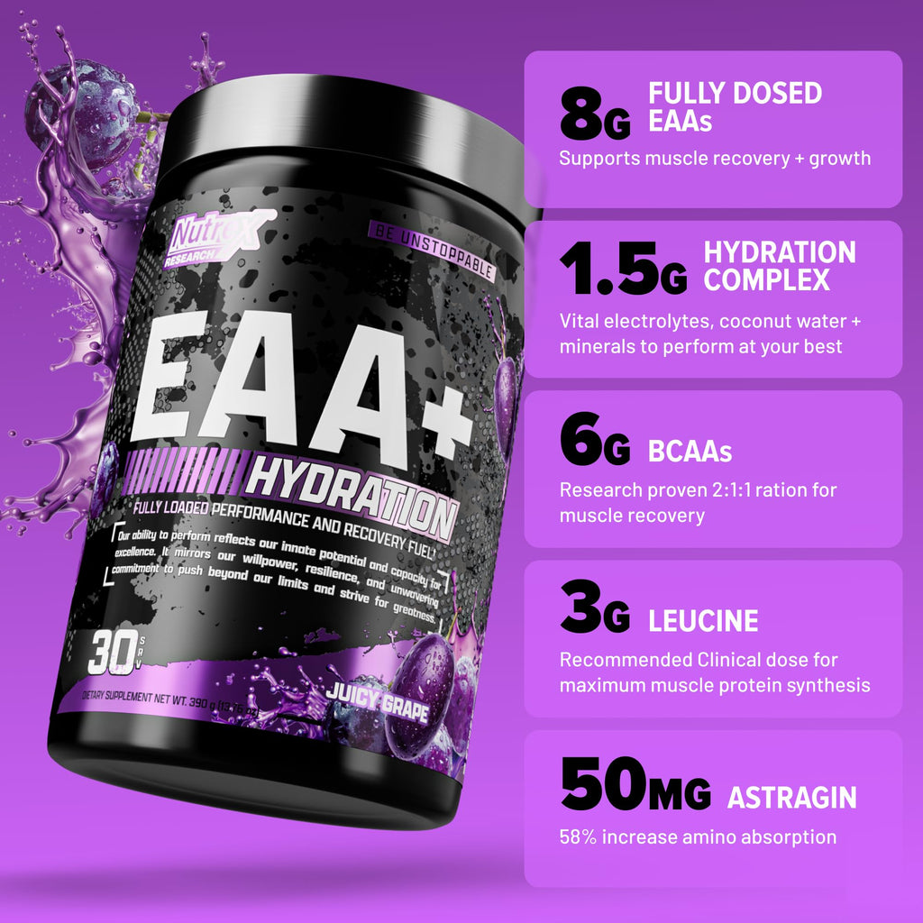 Nutrex Research EAA Hydration | EAAs + BCAA Powder | Muscle Recovery, Strength, Muscle Building, Endurance | 8G Essential Amino Acids + Electrolytes | Strawberry Watermelon 30 Serving