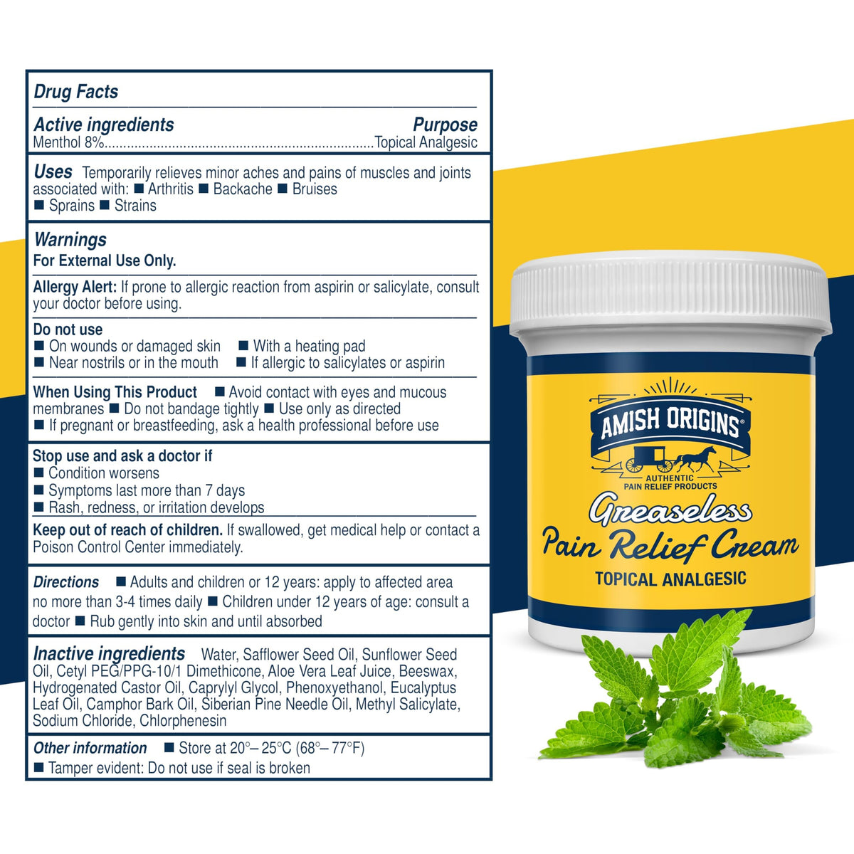 Amish Origins Pain Relief Cream, Maximum Strength Deep Penetrating for Joint, Muscle, Knee, Back, Feet, Hand, Ankle, Aches, 8 fl oz (Pack of 1)