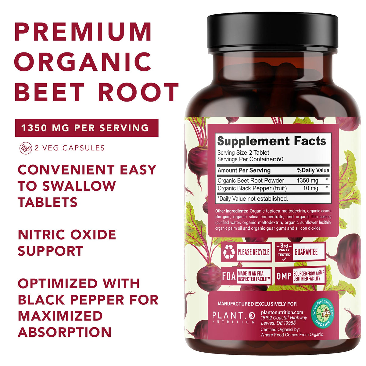 Organic Beet Root Capsules 1350mg – USDA Certified Beetroot Powder Supplement with Black Pepper | Nitric Oxide & Circulation Support | Vegan Non-GMO | 120 Tablets 2 Month Supply