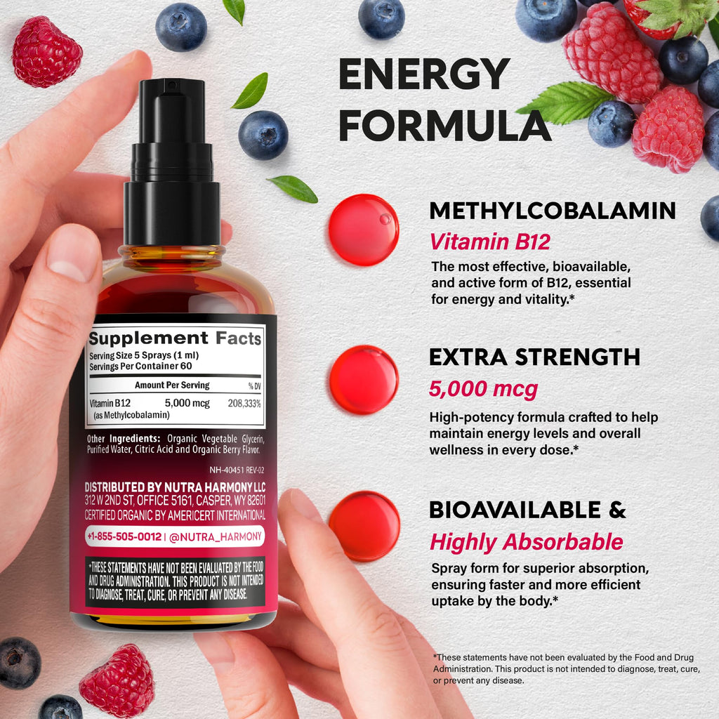USDA Organic Vitamin B12 Sublingual Drops - 5000 mcg Liquid Vegan Methylcobalamin for Women & Men - Energy Boost, Focus & Mood, Brain Health Support - Maximize Absorption - 2 Month Supply, 2 fl oz