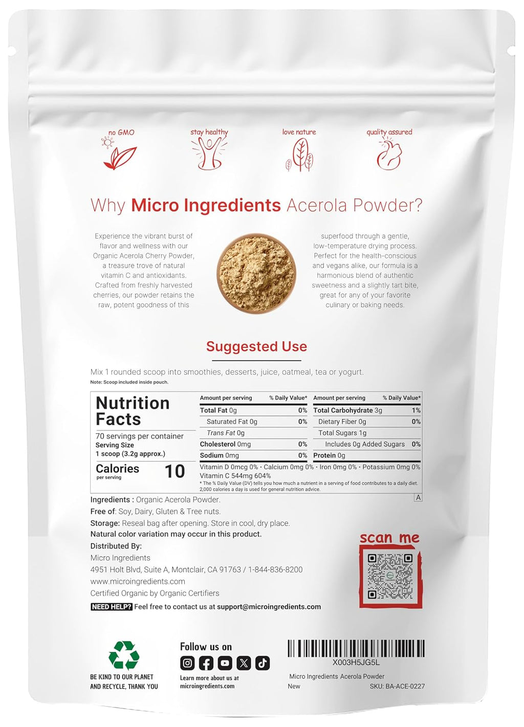 Organic Acerola Powder, 8oz | Natural Organic Vitamin C Superfood | No Sugar & Additives | Great Flavor for Drinks, Smoothie, & Beverages | Non-GMO & Vegan Friendly, Brazil Origin