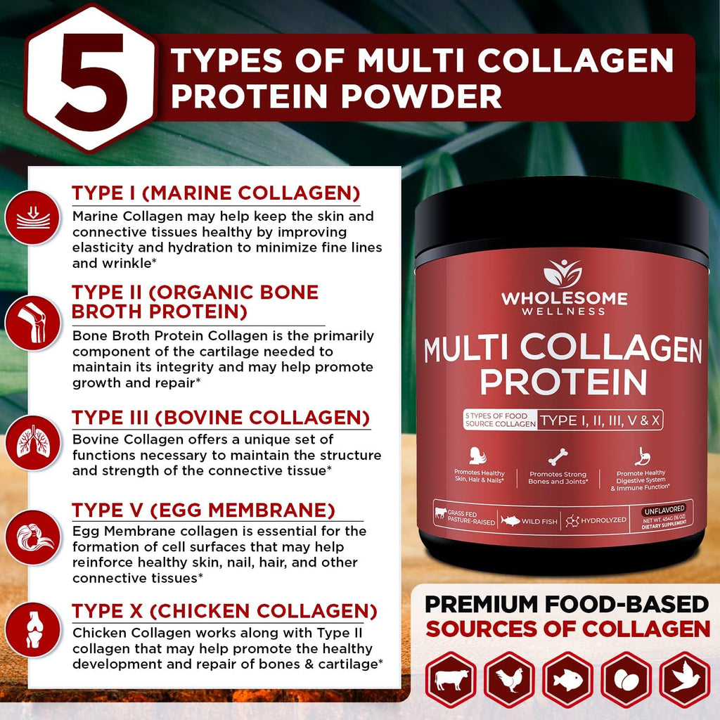 Wholesome Wellness Multi Collagen Protein Powder Hydrolyzed (Type I II III V X) + Super-Absorb Multi Collagen Pills (Type I II III V X) Bundle