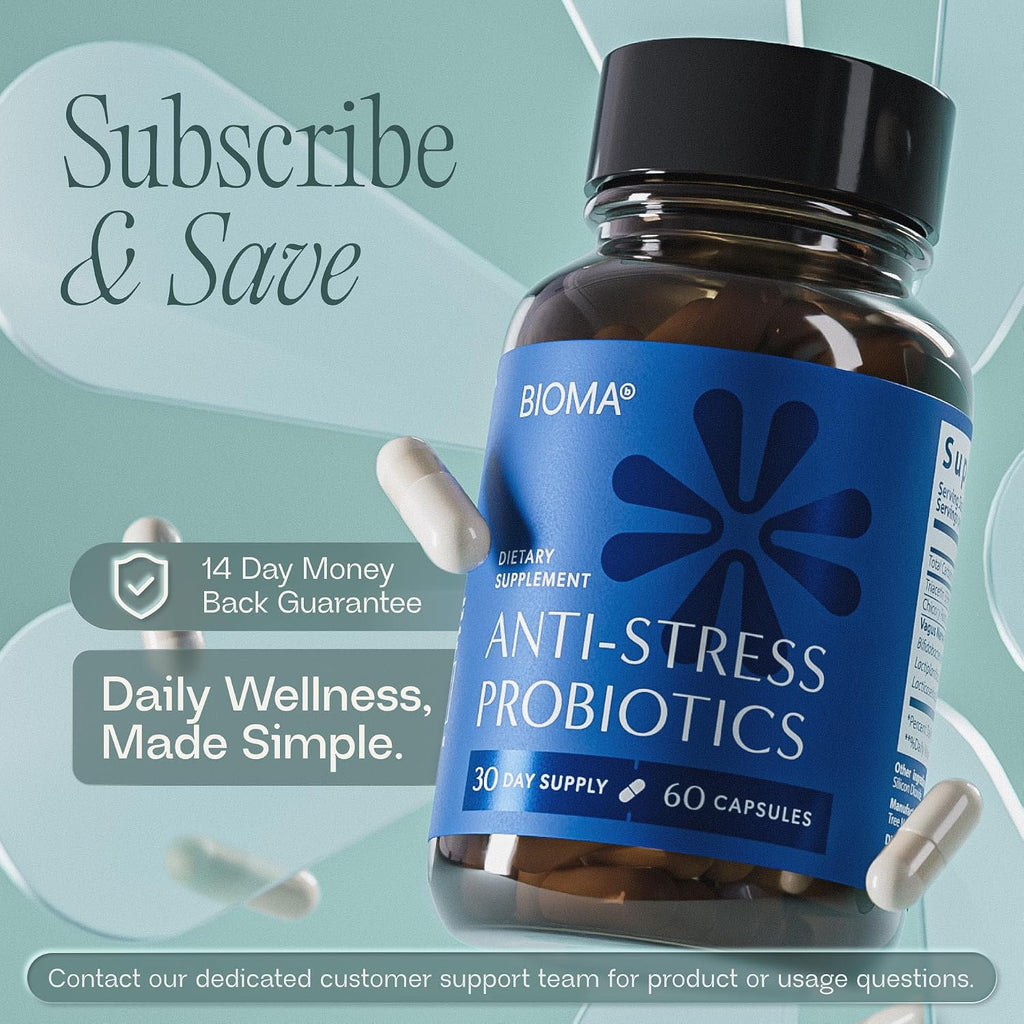 BIOMA Anti-Stress Probiotics – 3-in-1 Gut-Brain Axis Support for Stress Relief & Mood – Prebiotics, Postbiotics & Clinically Studied Strains – Vagus Nerve, Serotonin & Digestive Support – 60 Capsules