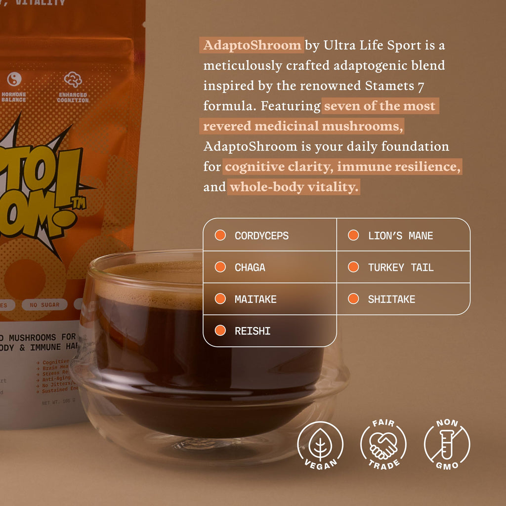 Ultra Life Sport - MushBoom Organic Mushroom Coffee Alternative Drink - 30 Servings 7 Mushroom Cacao Blend - Cordyceps, Lion’s Mane, Chaga, Maitake, Shiitake, Reishi & Turkey Tail - Caffeine Free