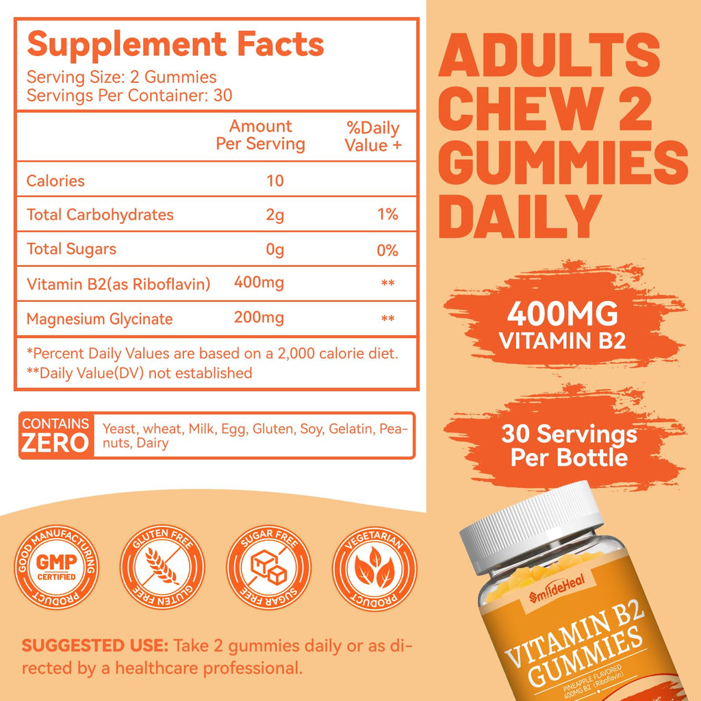 Vitamin B2 Gummies,Riboflavin 400mg Supplement with Magnesium for Adults | B2 Gummies for Migraine Relief* & Nervous System Support*,Vegan - 60 Counts