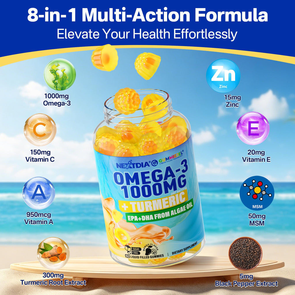 Omega-3 Gummies + Turmeric - Omega 3 Fish Oil Alternative for Adults - Algae DHA 600mg & EPA 300mg, Vitamins A, C, E, Zinc & MSM, Sugar Free, 60 Cts