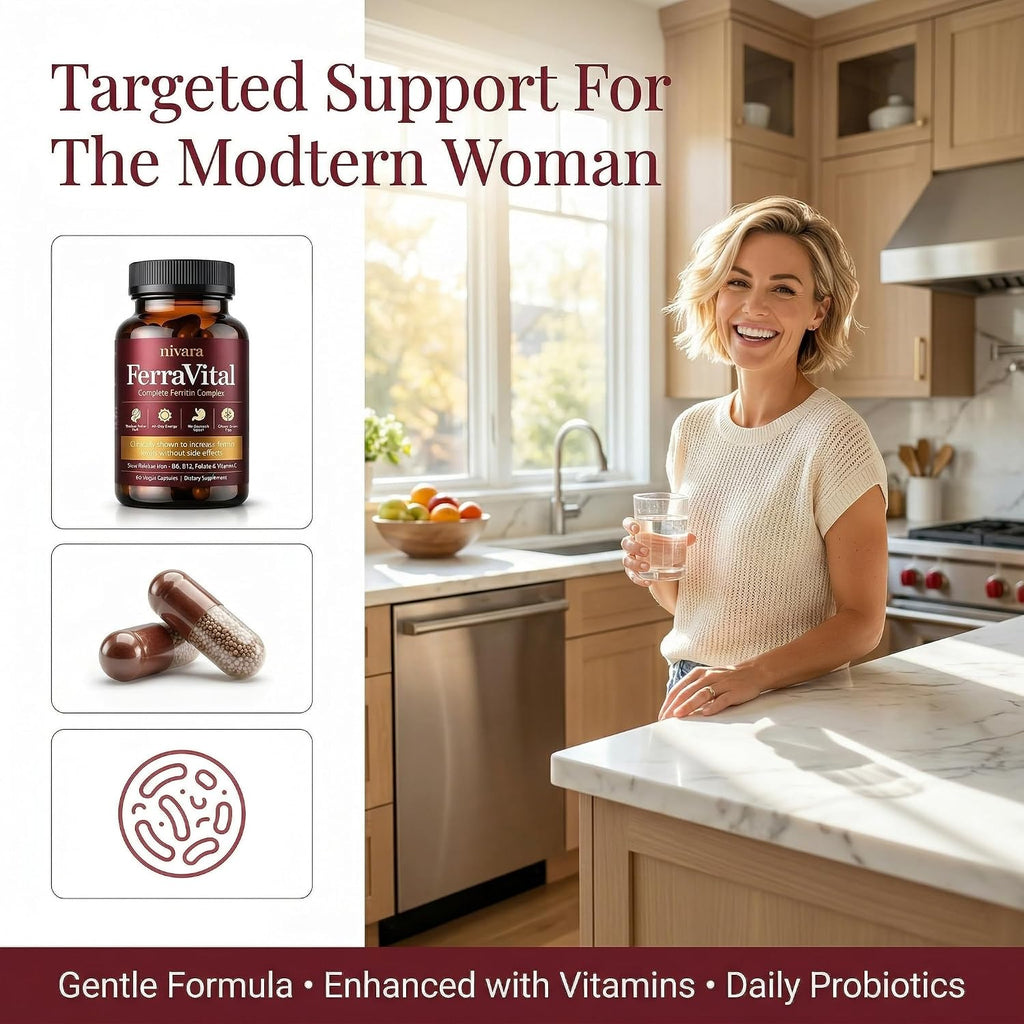 NIVARA FerraVital Ferritin Support for Women - Iron Supplement with Ferrous Glycinate, Vitamin C, B12, B6, Folate & Zinc, Supports Healthy Iron Levels & Daily Energy - 60 Capsules (1)