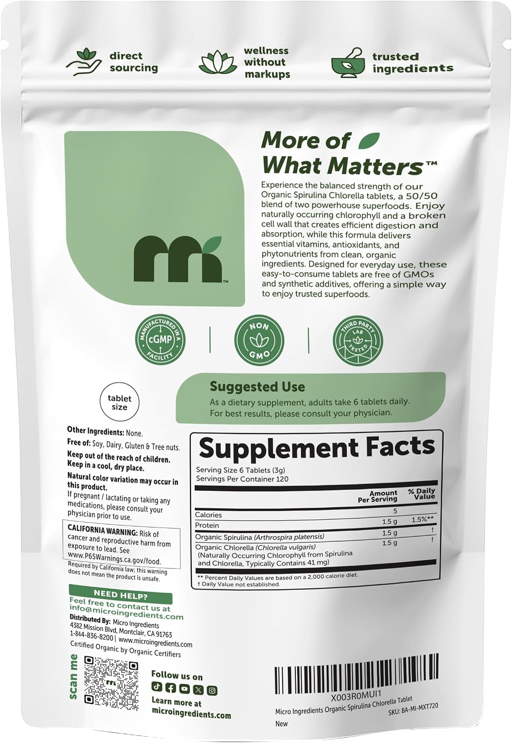 Micro Ingredients Organic Spirulina Chlorella Tablets, 720 Count | 4 Month Supply. 50/50 Algae Blend, Broken Cell Wall, Sunlight Grown. Contains Vegan Protein & Naturally Occurring Chlorophyll