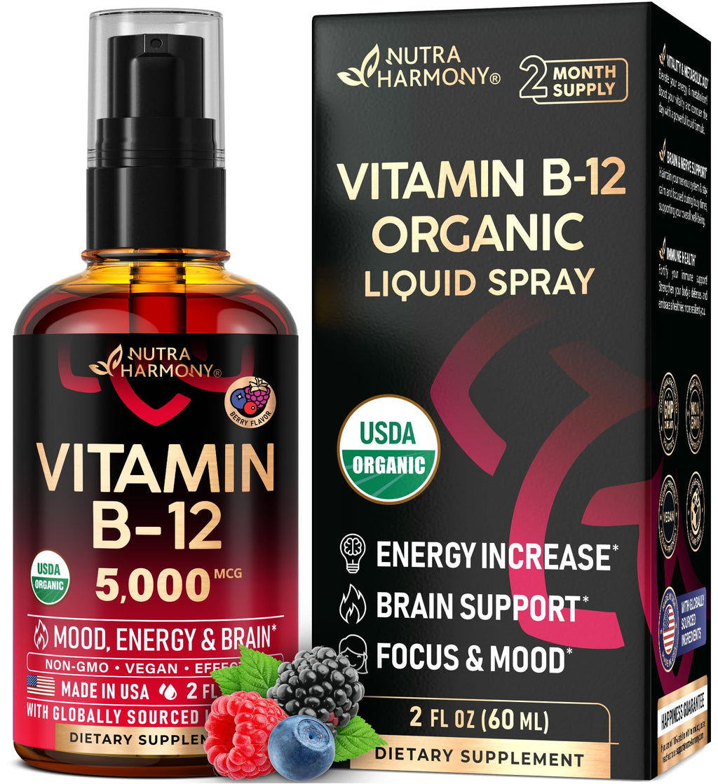 USDA Organic Vitamin B12 Sublingual Drops - 5000 mcg Liquid Vegan Methylcobalamin for Women & Men - Energy Boost, Focus & Mood, Brain Health Support - Maximize Absorption - 2 Month Supply, 2 fl oz