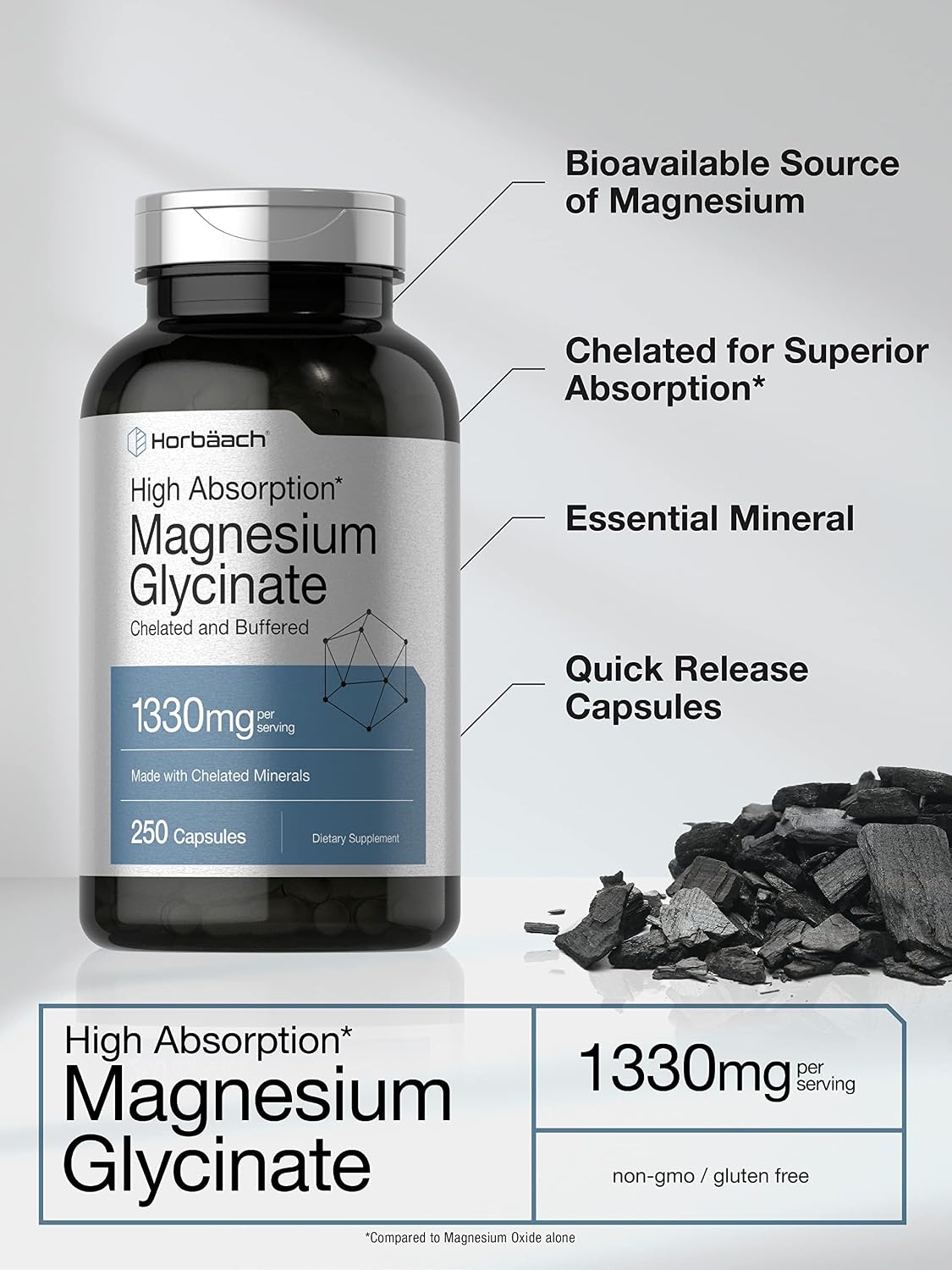 Horbaach Magnesium Glycinate 1330mg | 250 Capsules | Buffered with Chelated Minerals | 240 mg per Serving | Non-GMO, Gluten Free Supplement