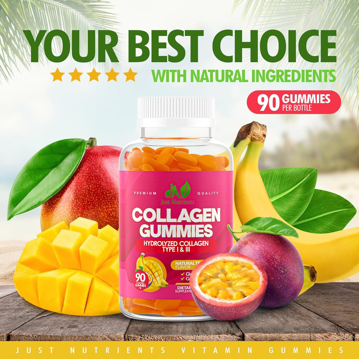 Just Nutrients Collagen Gummies for Women & Men (90 Count) | Premium Hydrolyzed Collagen Type I & III for Hair, Skin & Nails Support - Great Tasting Tropical Flavor, Gluten-Free