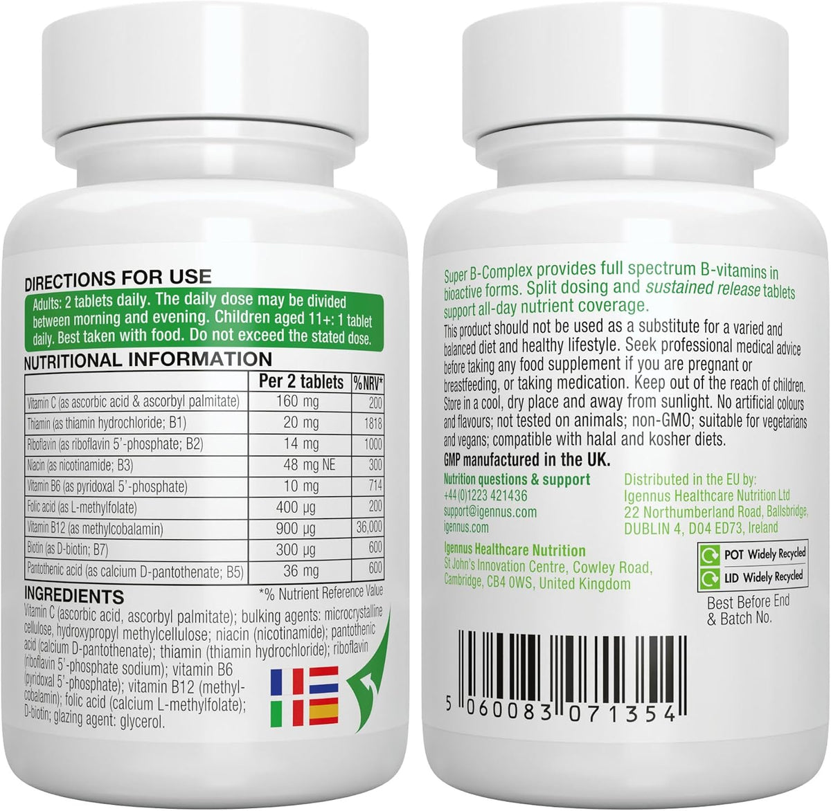 Super B-Complex 180 Tablets + Triple Magnesium Complex 180 Tablets Vegan Bundle, Methylated Sustained Release B Complex + High Absorption Chelated Magnesium Glycinate, Taurate & Citrate, by Igennus