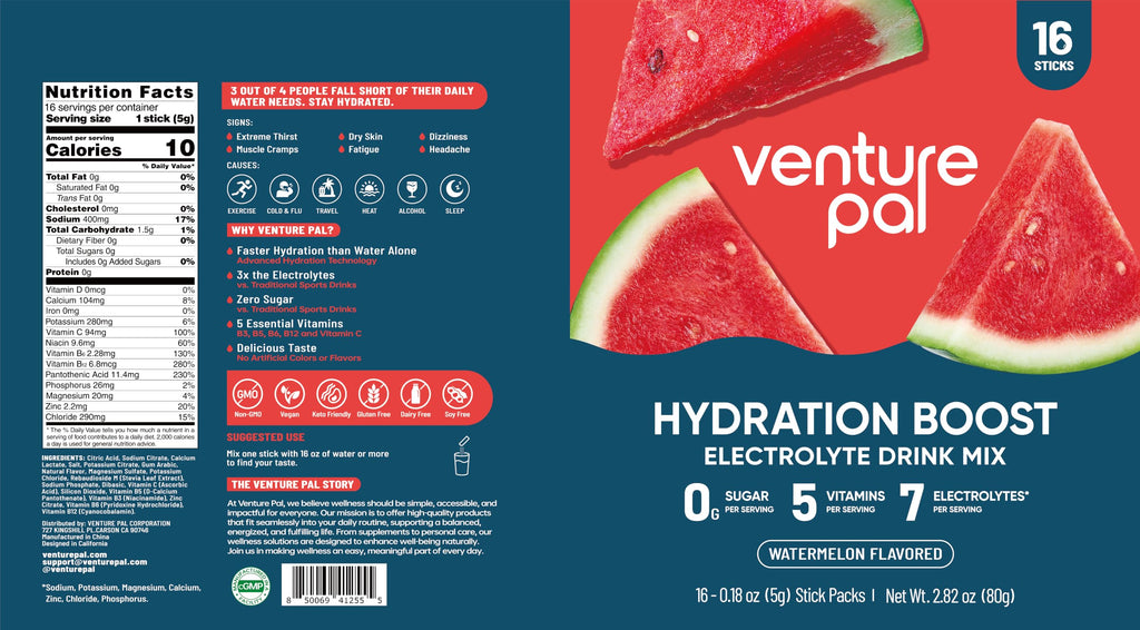 Venture Pal Sugar Free Electrolyte Powder Packets, Keto Friendly, 16 Sticks | Liquid Daily IV Hydration Packets for Rapid Rehydration. 7 Electrolytes & 5 Vitamins | Non-GMO | Vegan | Fast Dissolve