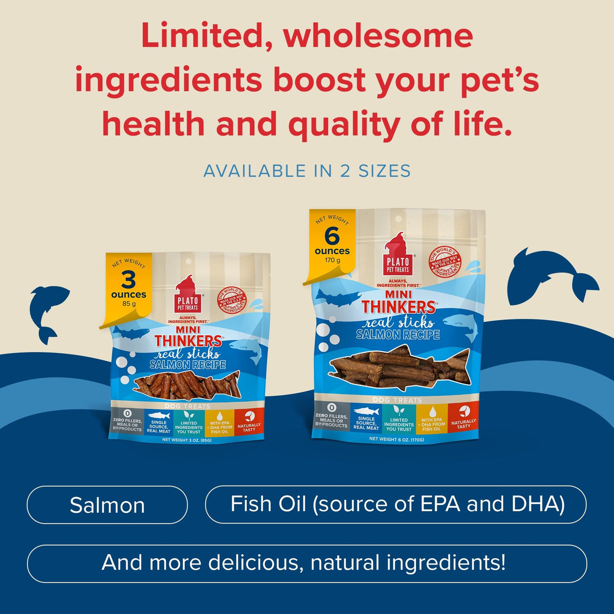 Plato Meat Sticks Salmon Dog Treats, Air-Dried High-Protein Soft Chews with Omega Fish Oil (EPA & DHA), 10 oz