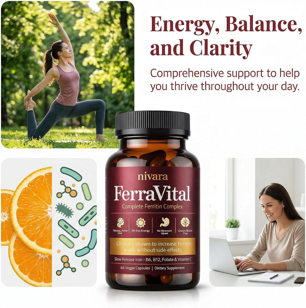 NIVARA FerraVital Ferritin Support for Women - Iron Supplement with Ferrous Glycinate, Vitamin C, B12, B6, Folate & Zinc, Supports Healthy Iron Levels & Daily Energy - 60 Capsules (1)