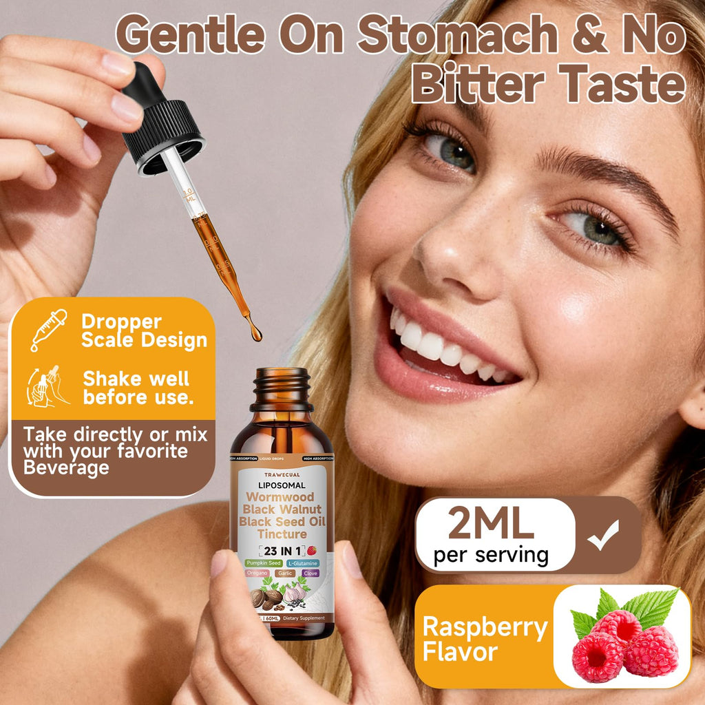 Wormwood Black Walnut Clove Cleanse Drops with Black Seed Oil, Pumpkin Seed, Oregano, Soursop, Neem, Berberine, Garlic, Rapid Gut Detox, Digestive & Gut Barrier Health, 23-in-1 with Liposomal, 2FL