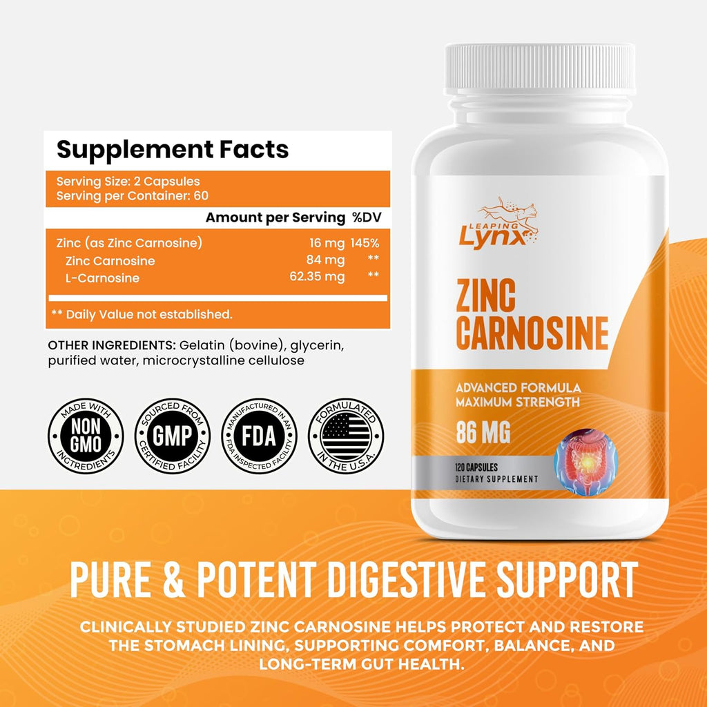 Zinc Carnosine 86 mg – Clinically Studied Zinc + L-Carnosine Complex for Gut Lining & Stomach Support | 120 Capsules (60-Day Supply) | Digestive Comfort, Mucosal Repair & Balance | Non-GMO