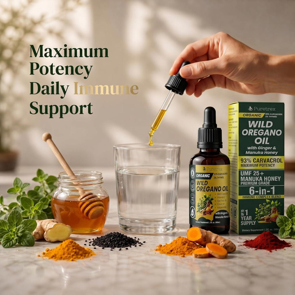 Organic Oil of Oregano Drops with Black Seed Oil, Wild Herbal Extract 93% Carvacrol, Liquid Tincture with Ginger & Manuka Honey UMF 25+, High Potency Botanical Blend, 60ml