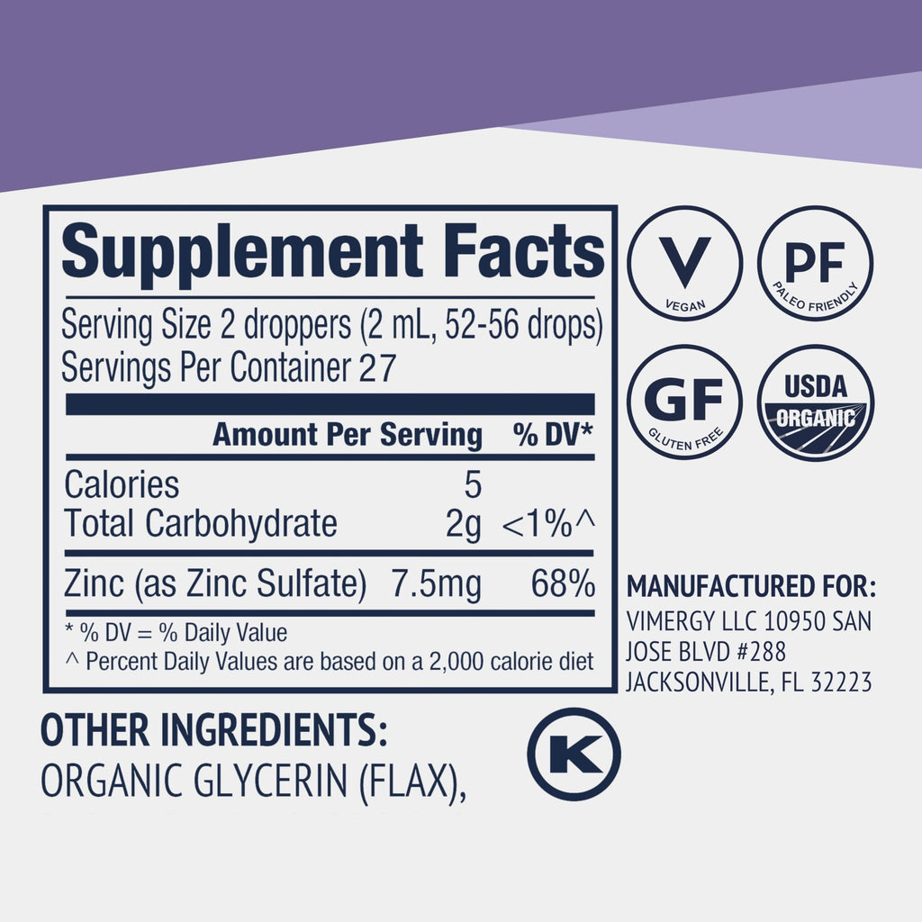 VIMERGY USDA Organic Zinc Supplements for Women & Men (7.5mg Liquid Zinc Per Serving) Fast-Absorbing Immune Support, Promotes Healthy Bones & Skin, Vegan, Up to 57 Servings (115 mL)