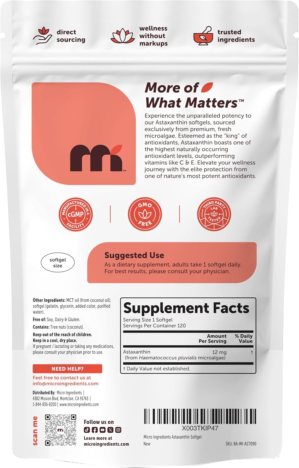 Micro Ingredients Astaxanthin 12mg Per Serving with MCT Oil, 120 Softgels | 4 Month Supply. Natural Microalgae Sourced Astaxanthin Supplement. Easy-to-Swallow. Non-GMO, Gluten Free, Soy Free.