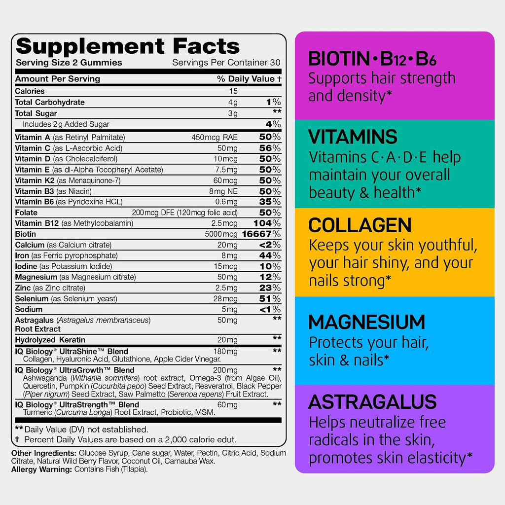 Biotin Gummies for Hair, Skin & Nails - Hair Growth Vitamins Women & Men | 60 pcs - Extra Strength Biotin (Vitamin B7), Collagen, Keratin & DHT Blocker