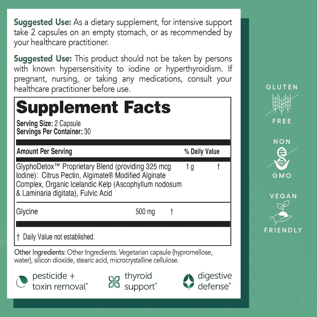 EcoNugenics GlyphoDetox Supplement – Detox Cleanse to Safely Remove Glyphosate Pesticides & Agricultural Toxins, Support the Gut & Thyroid –Includes Glycine, Kelp, Citrus Pectin, Alginate– 60 Capsules