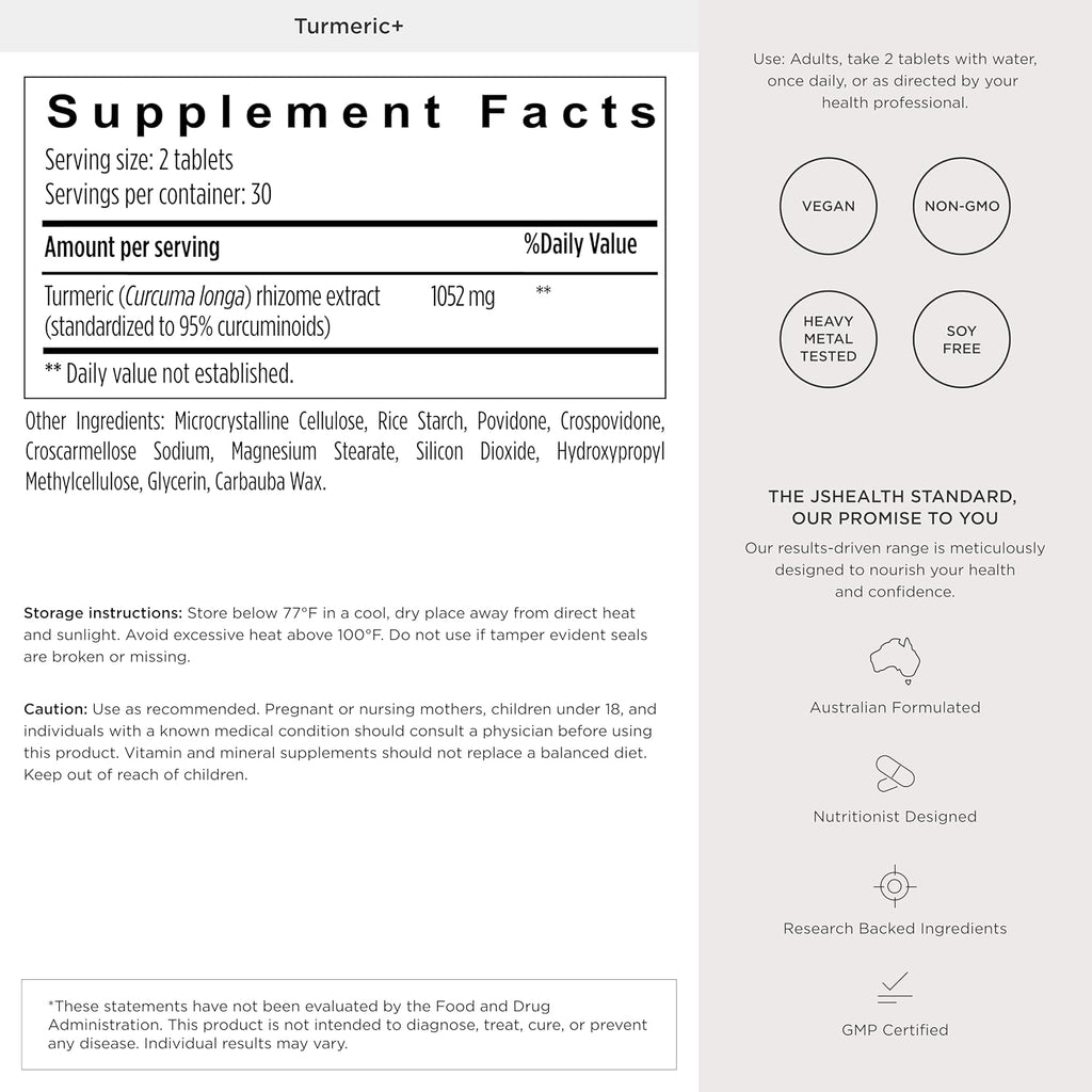 JSHealth Turmeric Curcumin Supplement with C3 Complex. 500mg Curcuminoids for Joint Support and Wellness. No Black Pepper Needed. By Nutritionist Jessica Sepel (60 Tablets)