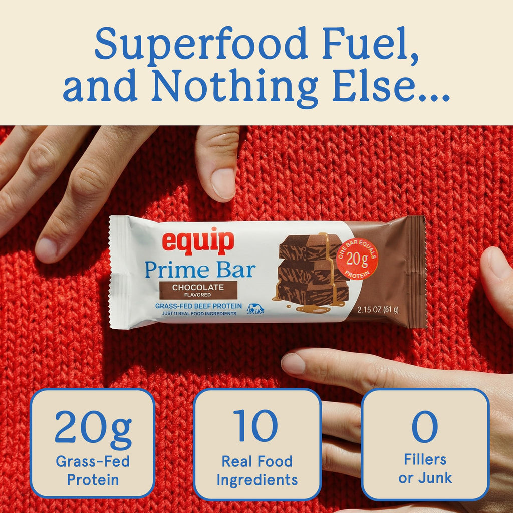 Equip Foods High Protein Prime Bars – Grass Fed Beef Protein, Collagen & Tallow – Gut Friendly, Gluten Free 20g Protein Bars - Only Real-Food Ingredients - Peanut Butter Chocolate, 12 Count