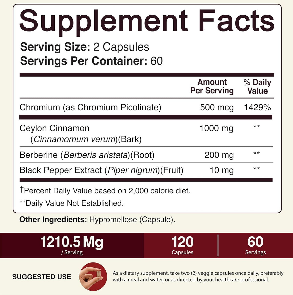 NutriFlair Ceylon Cinnamon, Berberine, Chromium 1200mg, 120 Capsules | Premium Botanical Blend, High Potency Formula, Non-GMO, Third Party Tested. Contains Berberine HCl