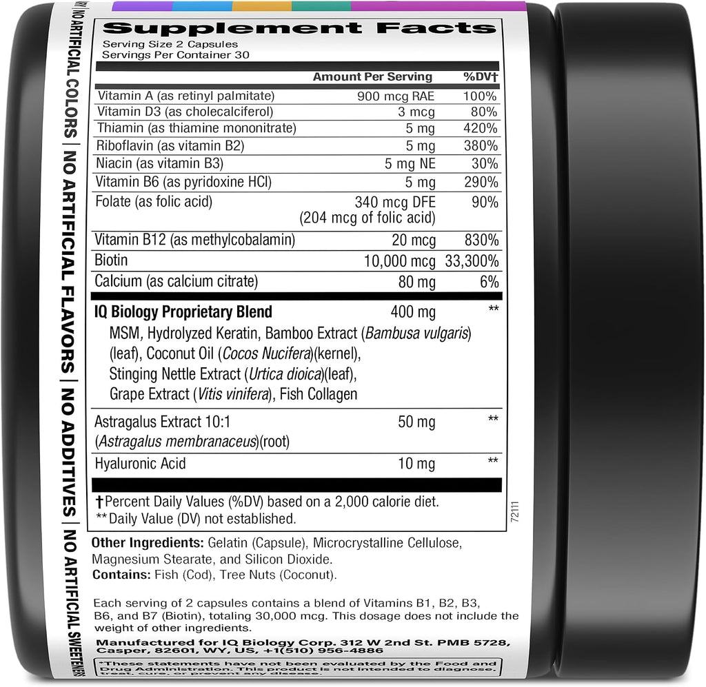 Biotin 10,000 mcg Supplement - Hair Growth Support for Women & Men - 60 pcs | Hair Skin and Nail Vitamins with Keratin, Collagen, Hyaluronic Acid & Vitamin B Complex - 30,000 mcg Hair Vitamins Complex