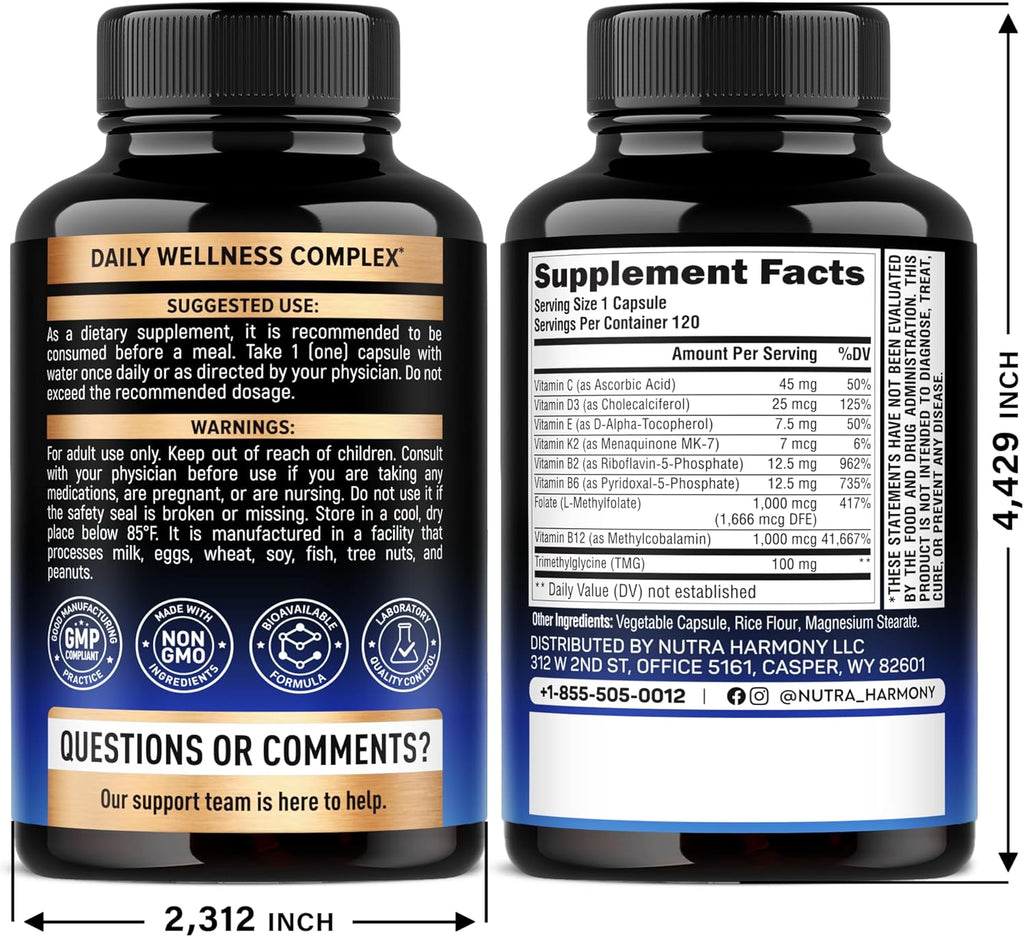 Methylated Multivitamin - B2, B6, 5-MTHF & B12 | Antioxidants C & E | Vitamin D3 & K2 - for Men & Women - 9-in-1 MTHFR Supplement with TMG - Energy, Brain & Mood - Vegan - Lab Tested - 120 Capsules