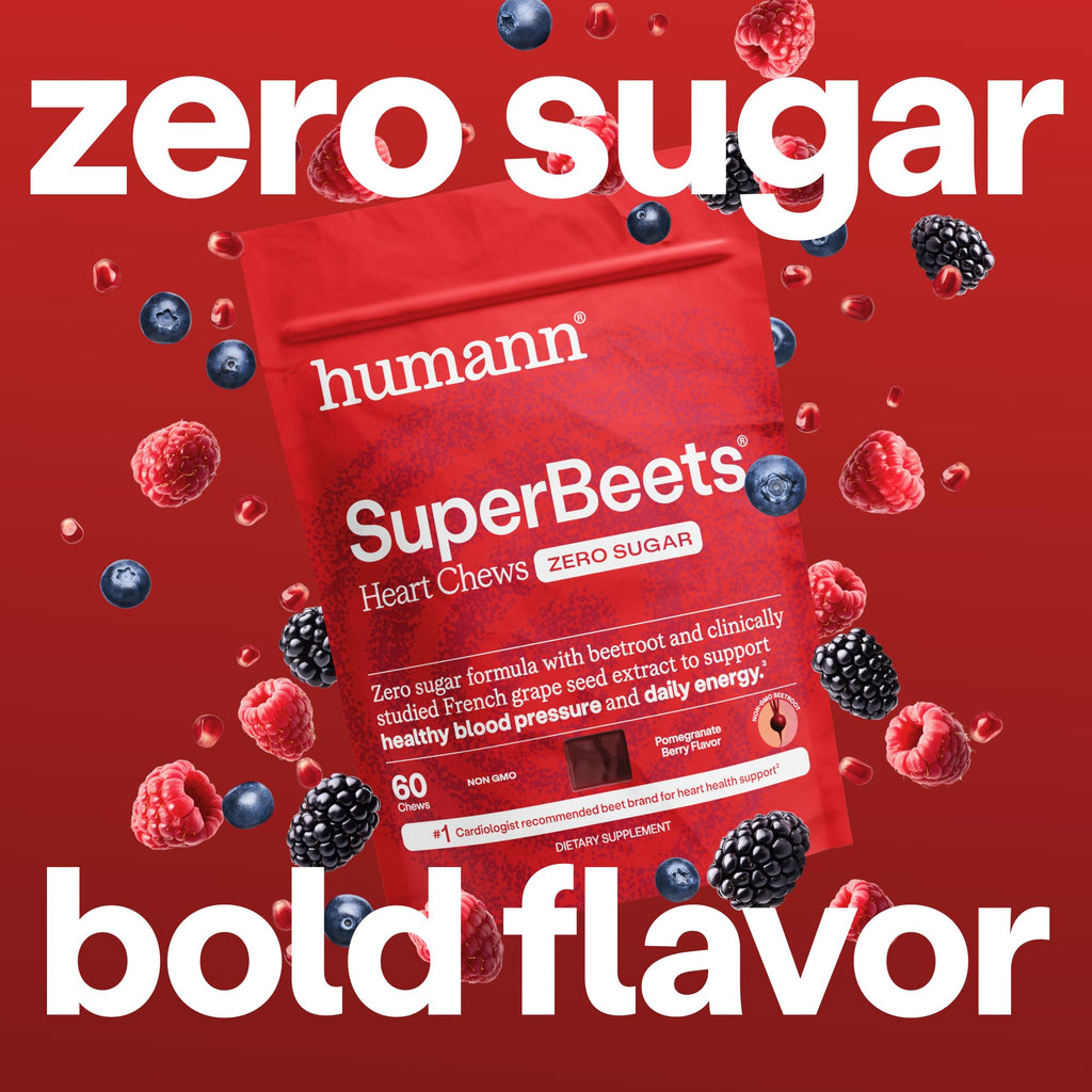 HumanN SuperBeets Heart Chews Zero Sugar, Beet Root Supplement, Energy, Nitric Oxide and Blood Pressure Support, Grape Seed Extract & Non-GMO, Heart Health, Pomegranate Berry Flavor, 60 Count