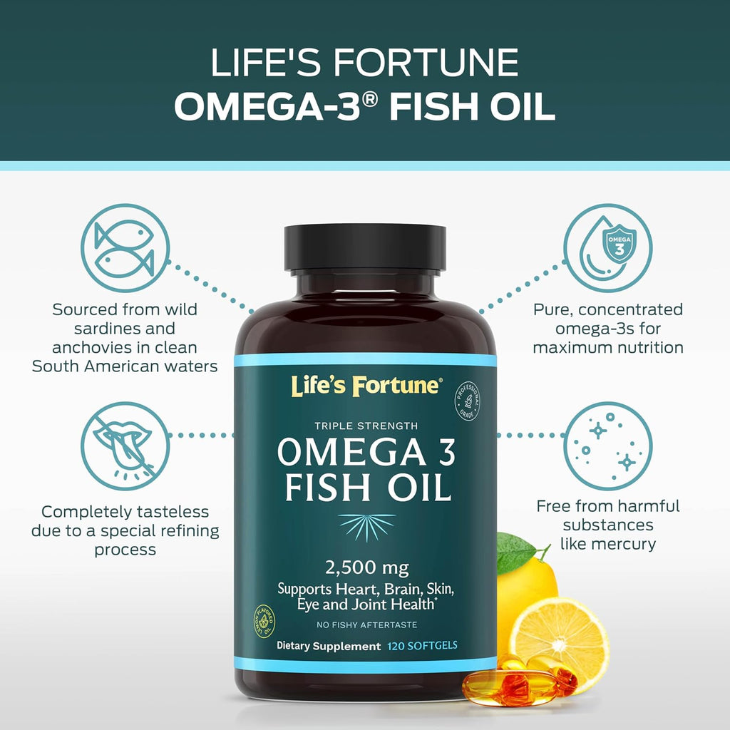 Life's Fortune Fish Oil Omega 3 Concentrate Supplement 2500 mg, 120 Softgels, High Potency, EPA & DHA Fatty Acid - Heart, Brain, Skin, Joints - Non GMO