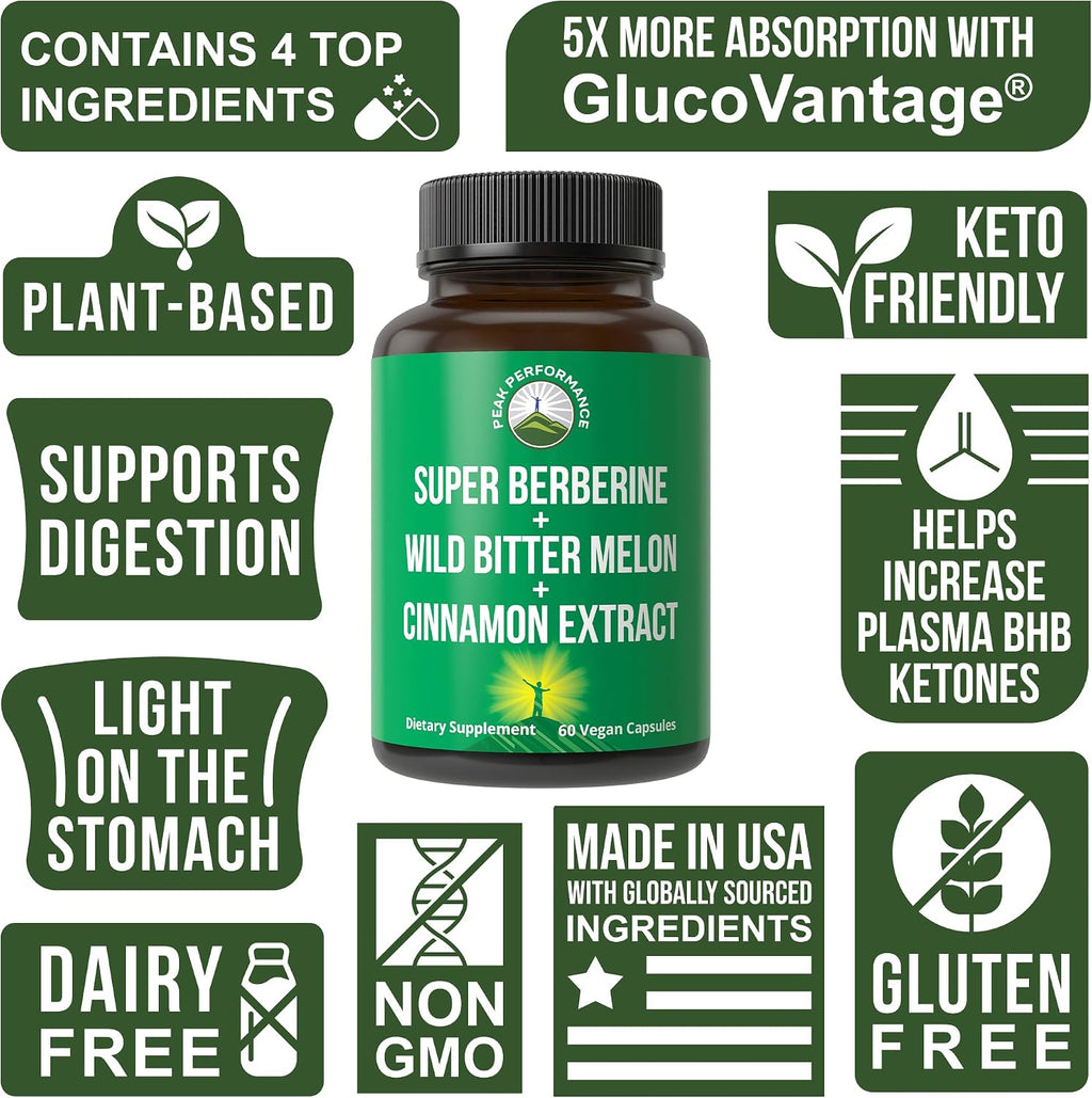 Ultra High Strength 4-in-1 Super Berberine Patented GlucoVantage + Wild Bitter Melon + Cinnamon Extract + Chromium Picolinate Vegan Capsules. Great Supplement to Support After-Meal Spikes and Energy