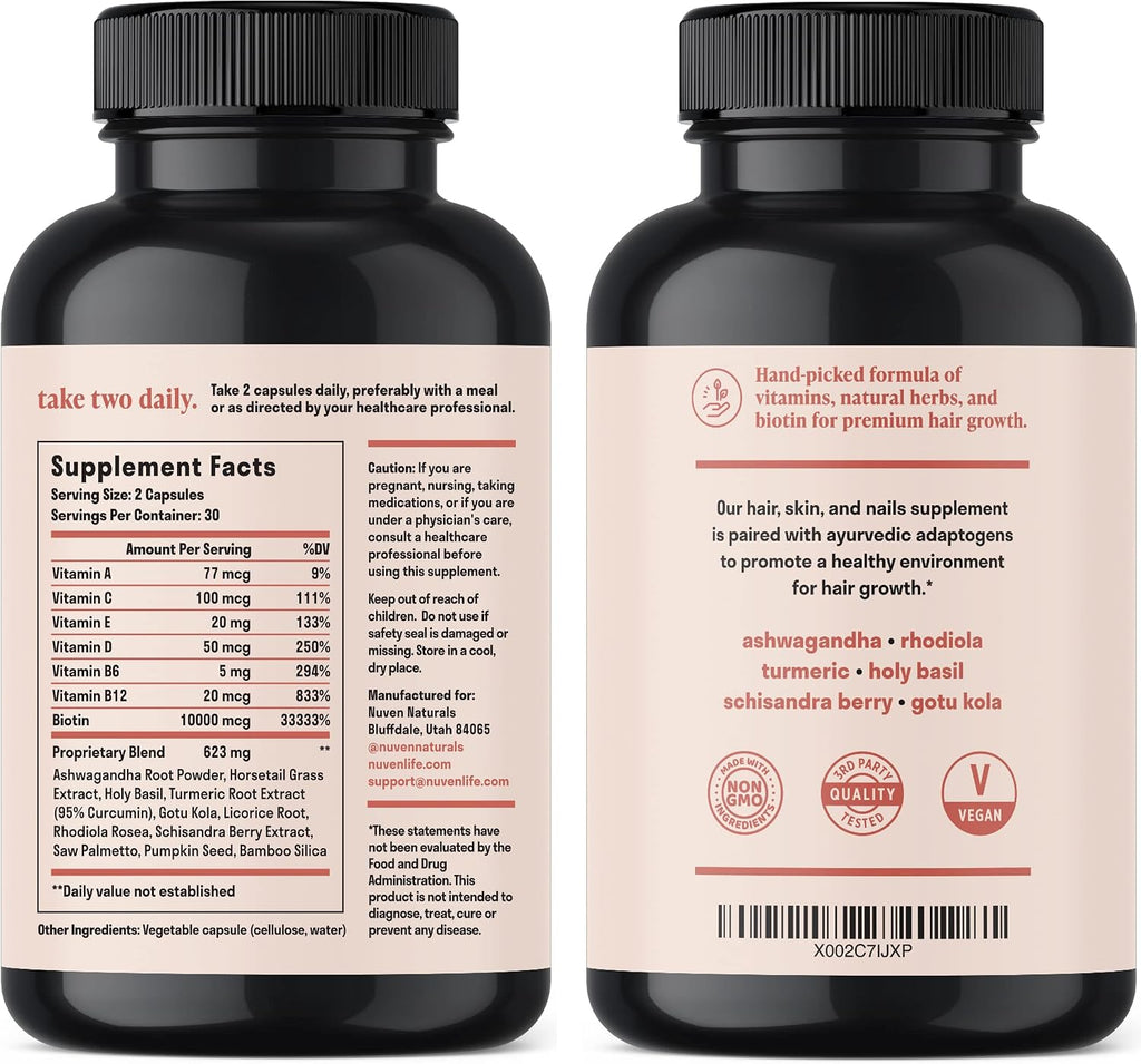 Hair Vitamins - Biotin 10000 mcg with Vitamin A, E, C, D & Adaptogens to Support Hair, Skin & Nails - Biotin Supplement for Health & Growth | Vegan, Non-GMO, Gluten Free | 60 Capsules & 30 Servings
