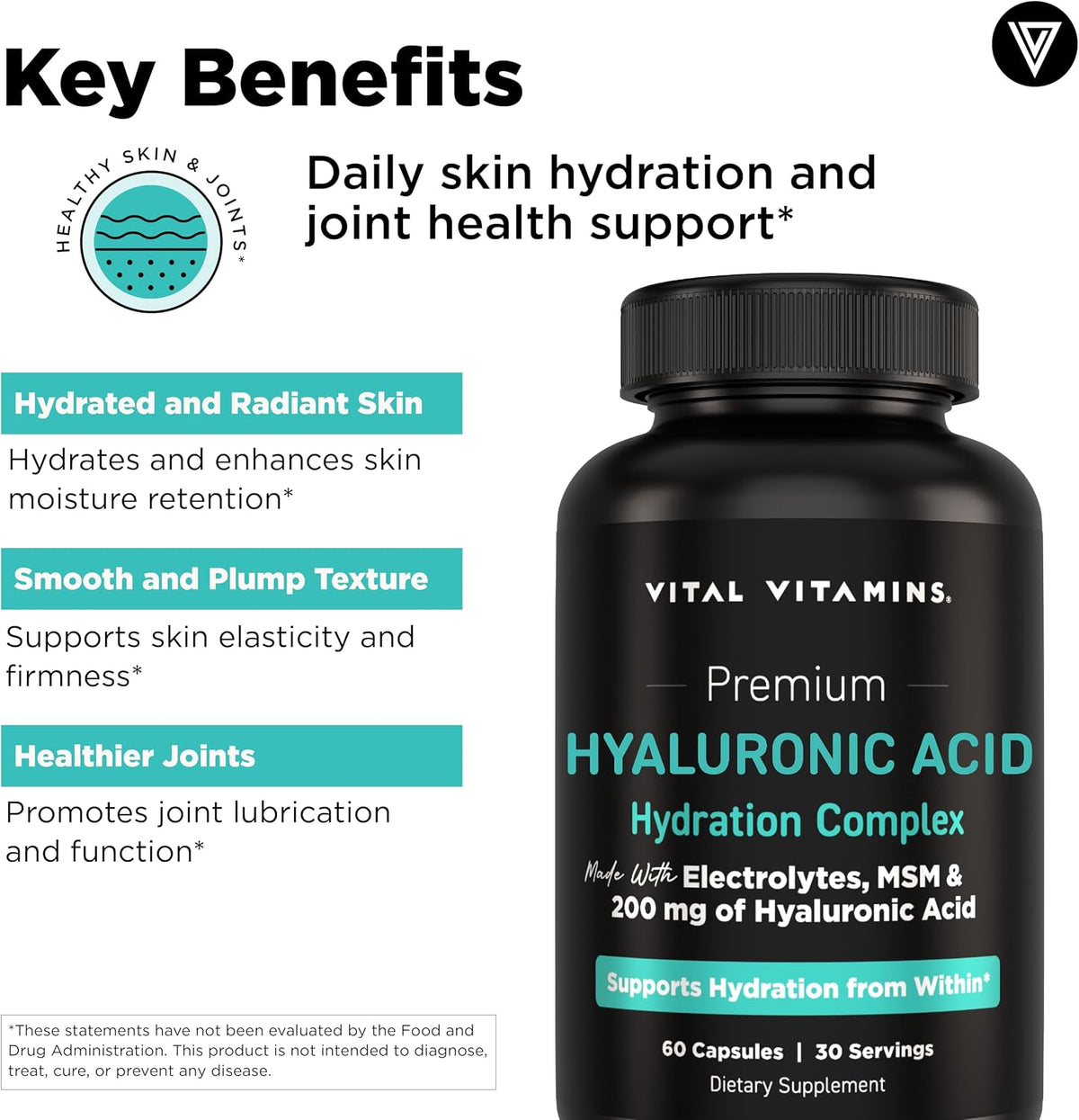 Vital Vitamins Hyaluronic Acid Hydration Complex 60 ct + Biotin Complex 60 ct