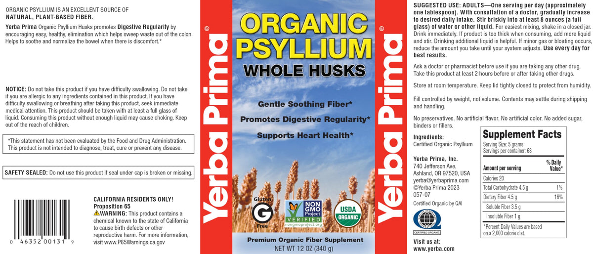 Yerba Prima Organic Psyllium Whole Husks 12 oz - Natural Dietary Fiber Supplement, Non GMO, Gluten Free, Keto and Vegan Friendly for Regularity Support, Unflavored