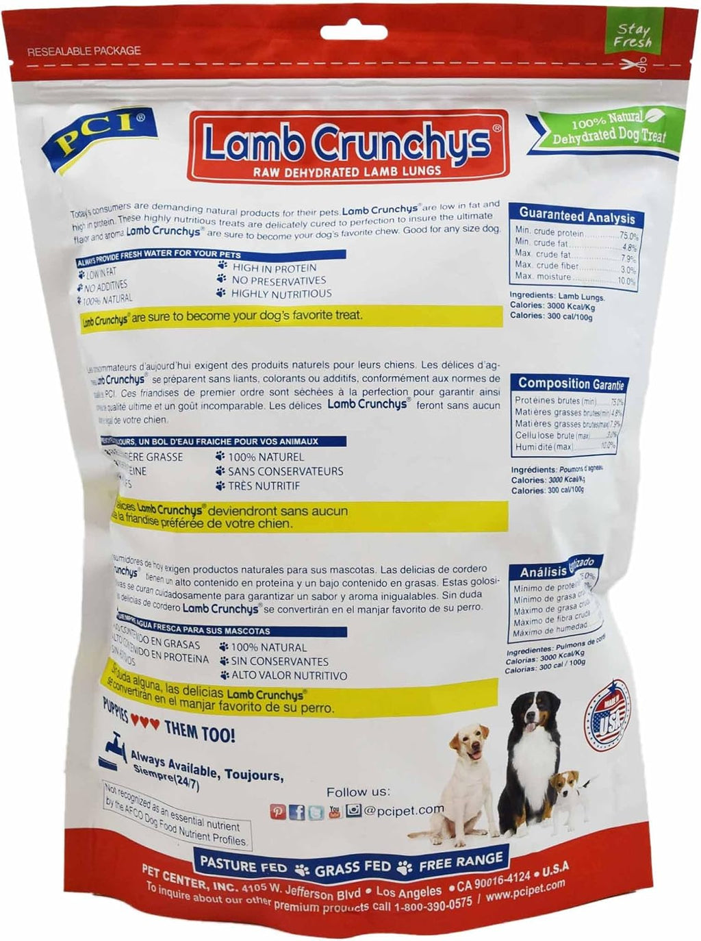 PCI Pet Center Inc Lamb Crunchys raw dehydrated Lamb Dog Treats, 16 oz Pack | Made in USA dog treats from single-ingredient lamb lung, for dogs of all ages - can be used for training or daily treats