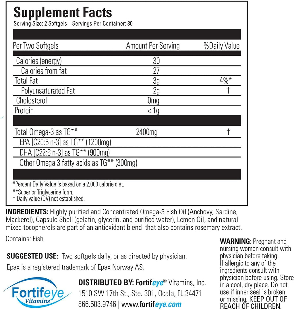 Fortifeye Super Omega-3 Max Fish Oil - 60 Count - Quadruple Strength Ultra-Pure rTG Omega-3-2400mg EPA + DHA in 2 Softgels - Expertly Concentrated & Purified in Norway from Wild Fish - Lemon Flavor