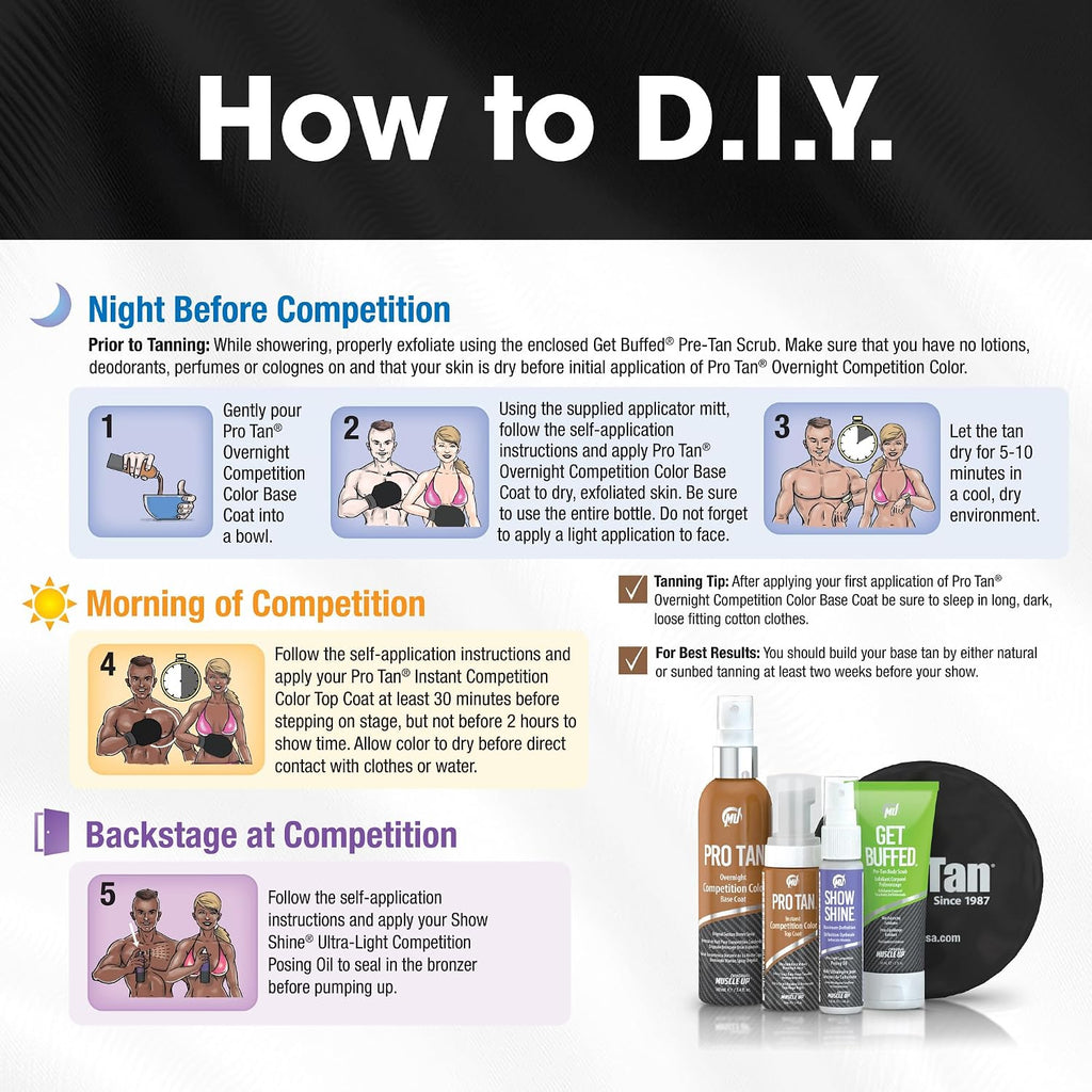 Pro Tan Competition Tanning Kit - Self Tanner Set | Pre-Tan Skin Exfoliator, Overnight Competition Color Base Coat, Instant Top Coat Mousse, Ultra-Light Posing Oil, & Mitt
